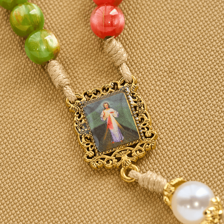 Christianartworkshop Handcrafted Christmas Blessings Divine Mercy Rosary with Red Green Beads and Bronze Crucifix - image 6