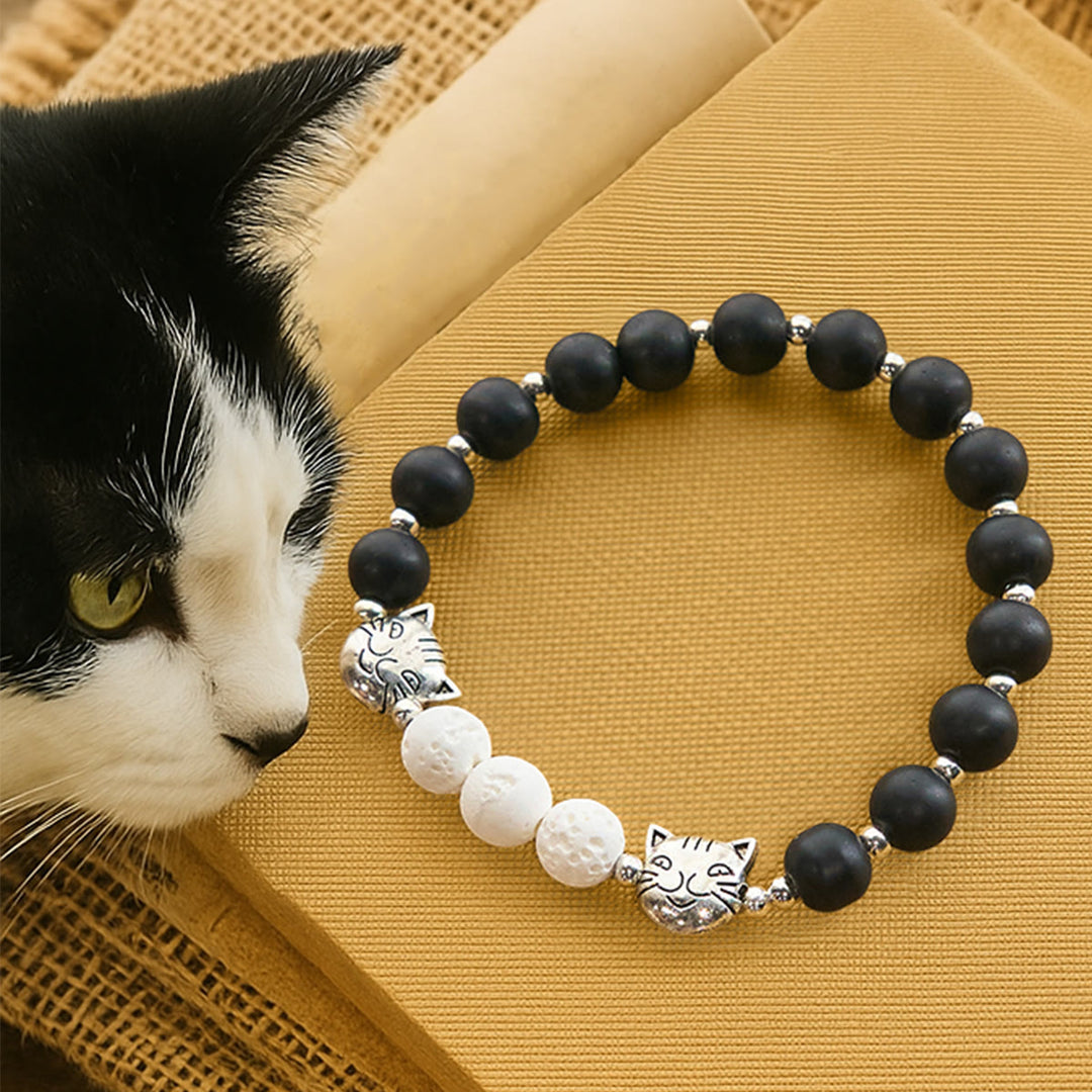 Christianartworkshop Matte Black and White Lava Stone with Cow Cat Blessing Animal Bracelet - Wrist Circumference: 6.3''-7.5''/16-19cm - image 0