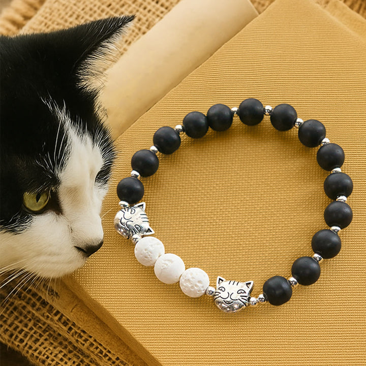 Christianartworkshop Matte Black and White Lava Stone with Cow Cat Blessing Animal Bracelet - Wrist Circumference: 6.3''-7.5''/16-19cm - image 0