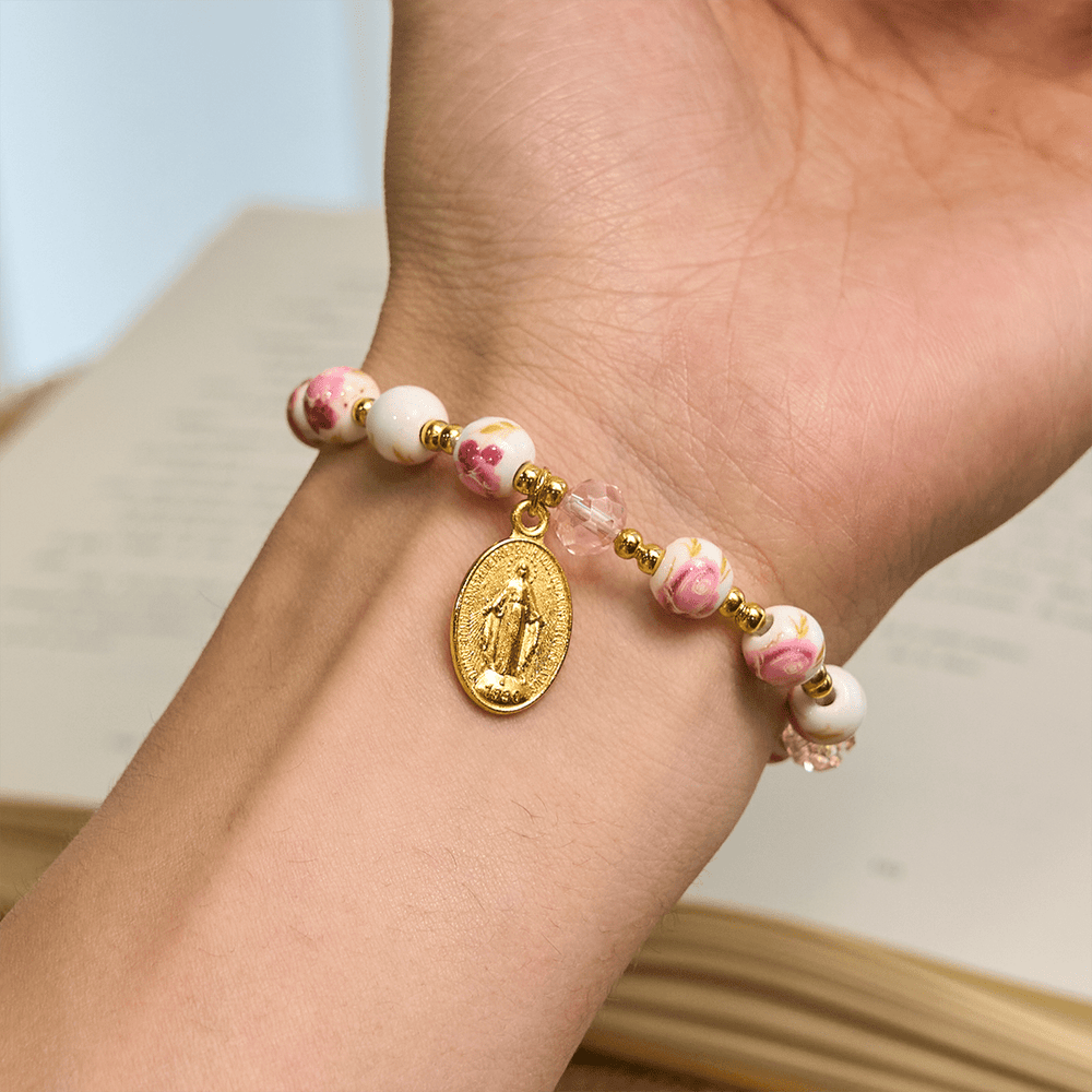 Christianartworkshop Elegant 8mm Flower Pattern Pink Ceramic Bracelet with Miraculous Medal - image 1