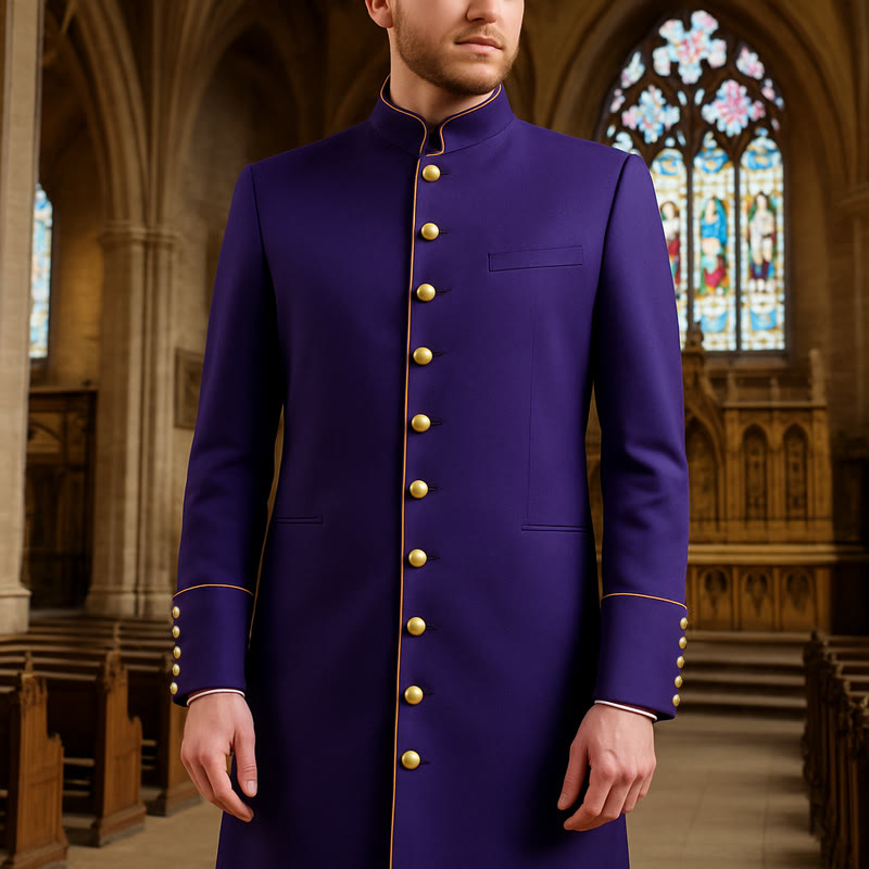 Christianartworkshop Traditional Stand Collar Clergy Robe with Golden Buttons & MultiColor Options - Purple - 3XL - image 0