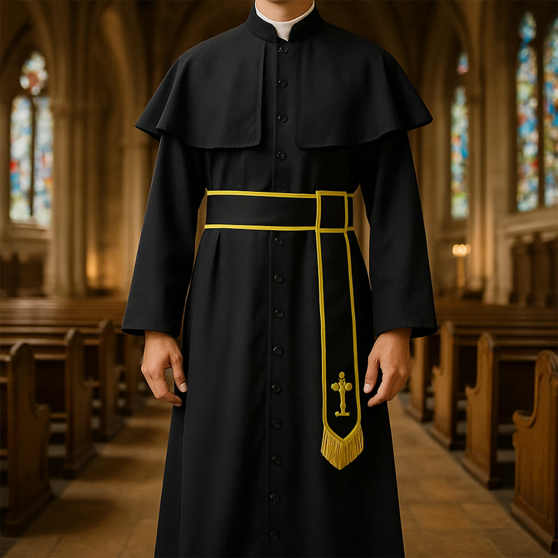 Christianartworkshop Medieval Style Black Clergy Robe with Cross Tassel Belt and Shawl Collar - 3XL - image 0