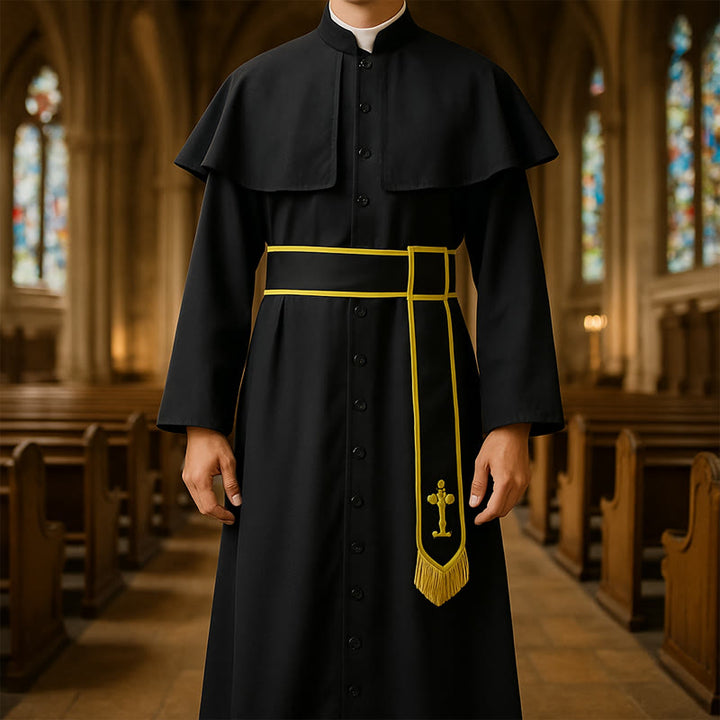 Christianartworkshop Medieval Style Black Clergy Robe with Cross Tassel Belt and Shawl Collar - 3XL - image 0