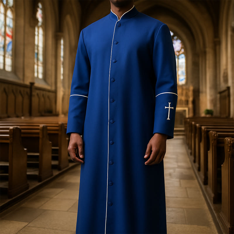 Christianartworkshop Multi-Color Formal Stand Collar Clergy Robe with White Cross and Ritual Dignity - Blue - 3XL - image 0