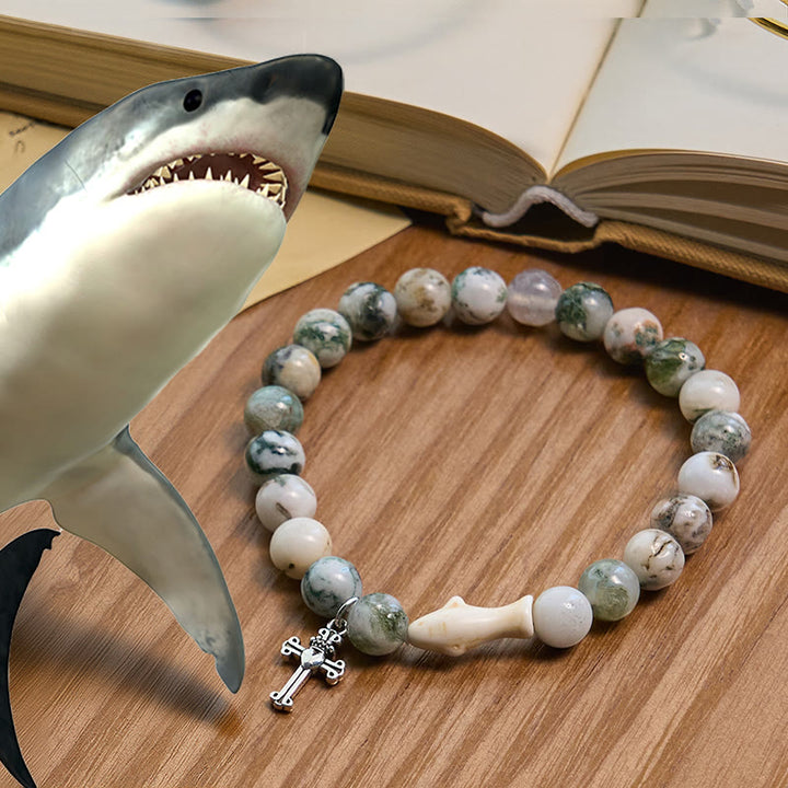 Christianartworkshop Waves of Grace Shark Guardian Cross Bracelet with Natural Volcanic Agate Stones - Green - image 5