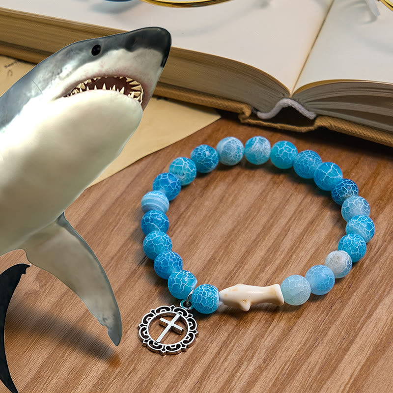 Christianartworkshop Waves of Grace Shark Guardian Cross Bracelet with Natural Volcanic Agate Stones - Sky Blue - image 0