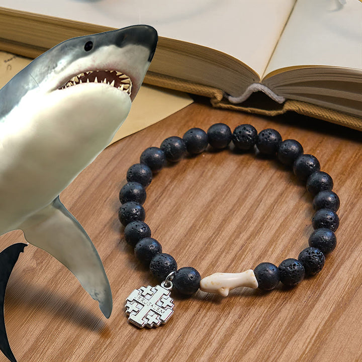 Christianartworkshop Waves of Grace Shark Guardian Cross Bracelet with Natural Volcanic Agate Stones - Black - image 20