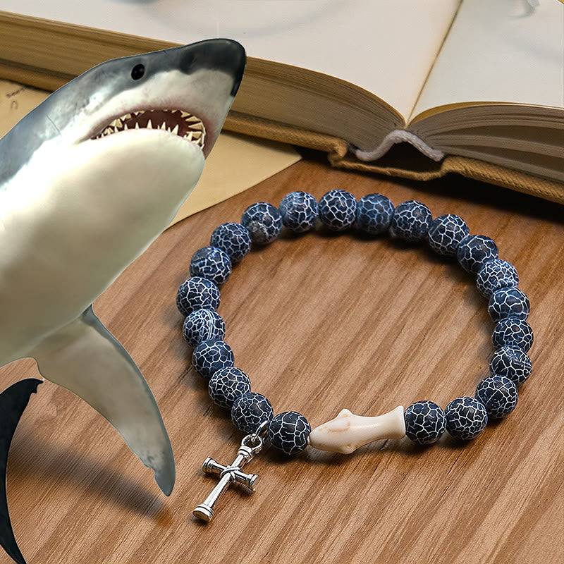 Christianartworkshop Waves of Grace Shark Guardian Cross Bracelet with Natural Volcanic Agate Stones - Dark Blue - image 10