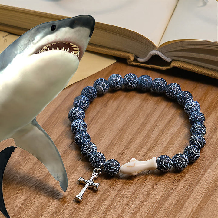 Christianartworkshop Waves of Grace Shark Guardian Cross Bracelet with Natural Volcanic Agate Stones - Dark Blue - image 10