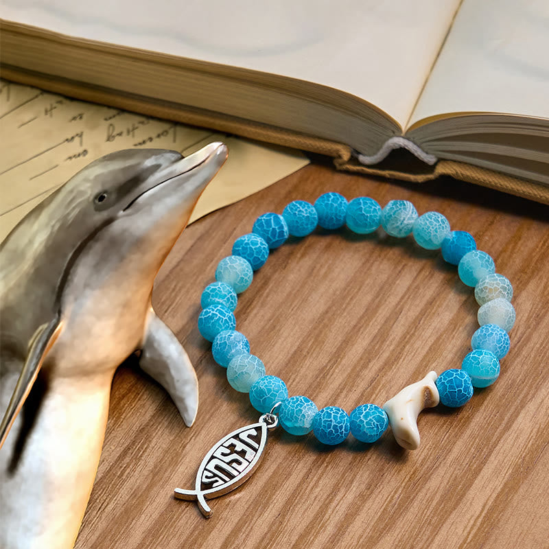 Christianartworkshop Ocean Grace Dolphin Blessing with Natural Malachite & Ichthys Charm Animal Bracelet - Lake Blue - image 7