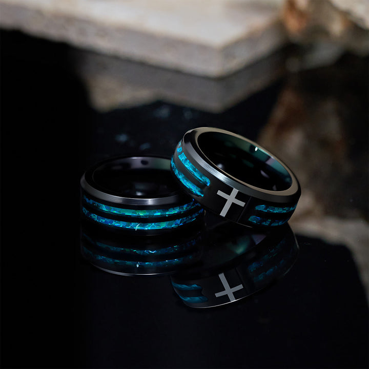 Christianartworkshop Modern Titanium Steel Cross Ring with Laser Blue Inlay: Serenity in Christ's Blue Light - US 14 - image 0