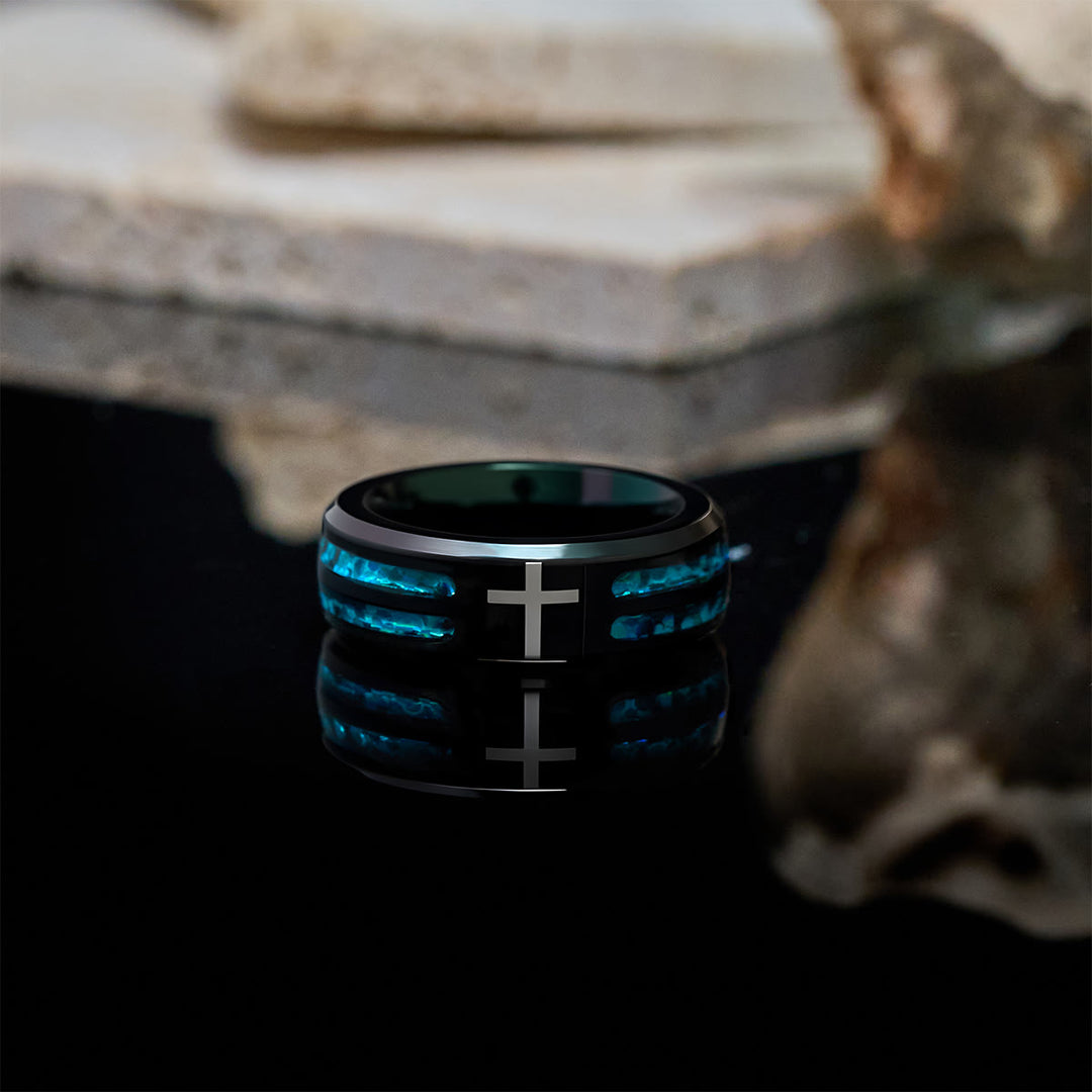 Christianartworkshop Modern Titanium Steel Cross Ring with Laser Blue Inlay: Serenity in Christ's Blue Light - image 3