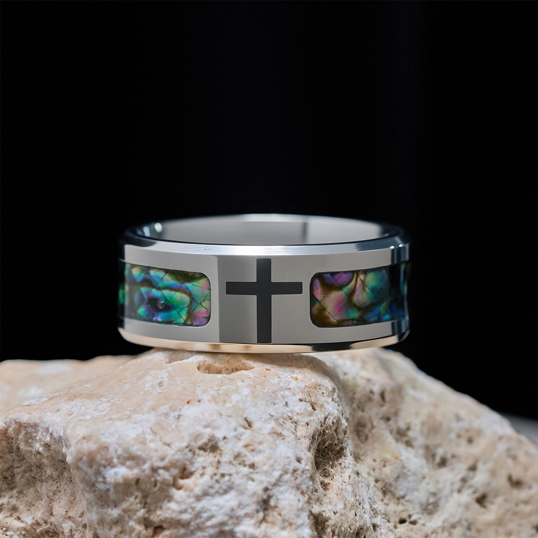 Christianartworkshop Minimalist Titanium Faith Cross Ring with Shimmering Stained Glass Colors Inlay - US 12 - image 0