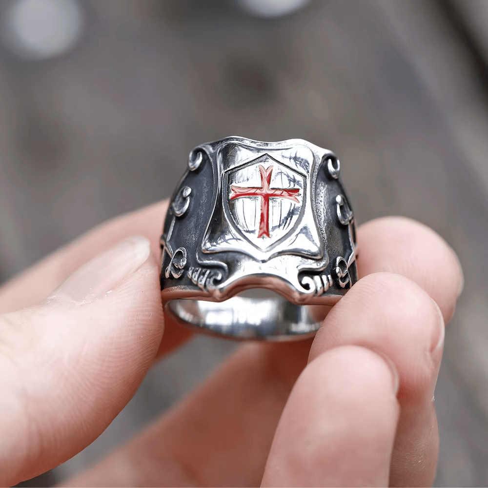 Christianartworkshop Medieval Style Red Cross Shield Ring with Knightly Design and Engraved Details - image 3