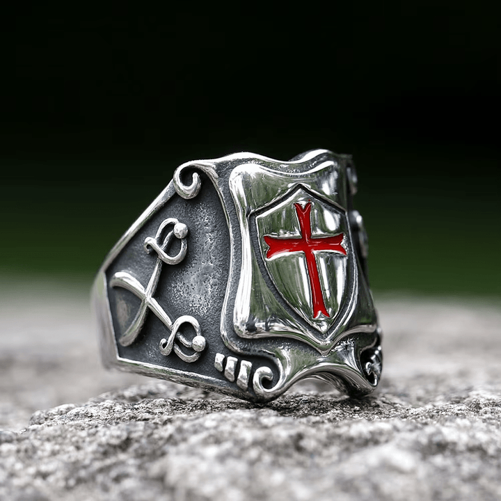 Christianartworkshop Medieval Style Red Cross Shield Ring with Knightly Design and Engraved Details - image 5