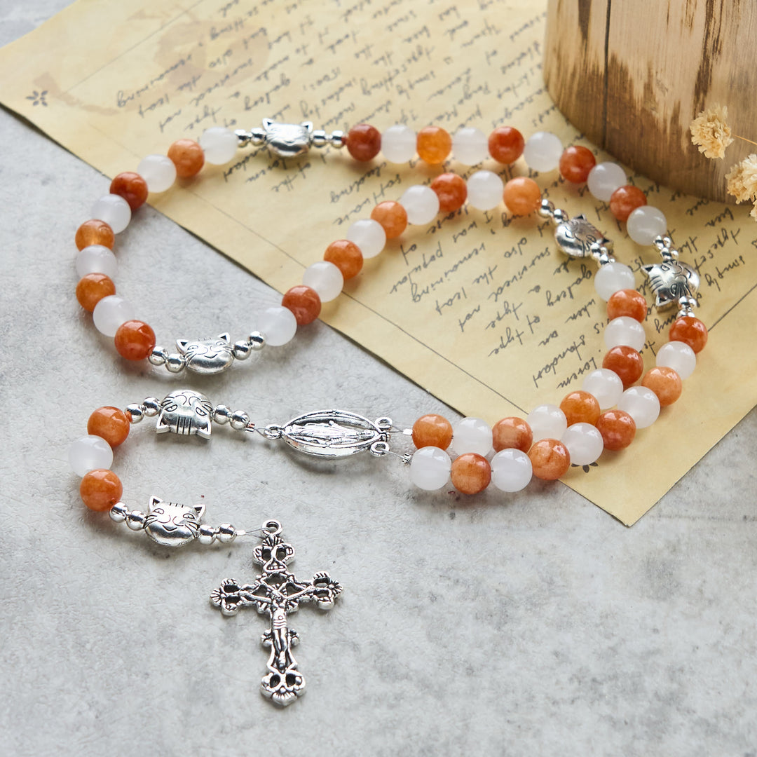 Christianartworkshop Orange & White Quartz with Cat Face Stainless Steel Charms of Orange Tabby Animal Rosary - image 4