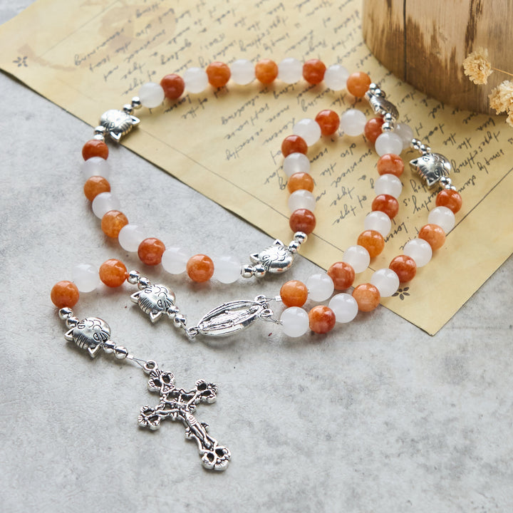 Christianartworkshop Orange & White Quartz with Cat Face Stainless Steel Charms of Orange Tabby Animal Rosary - image 3