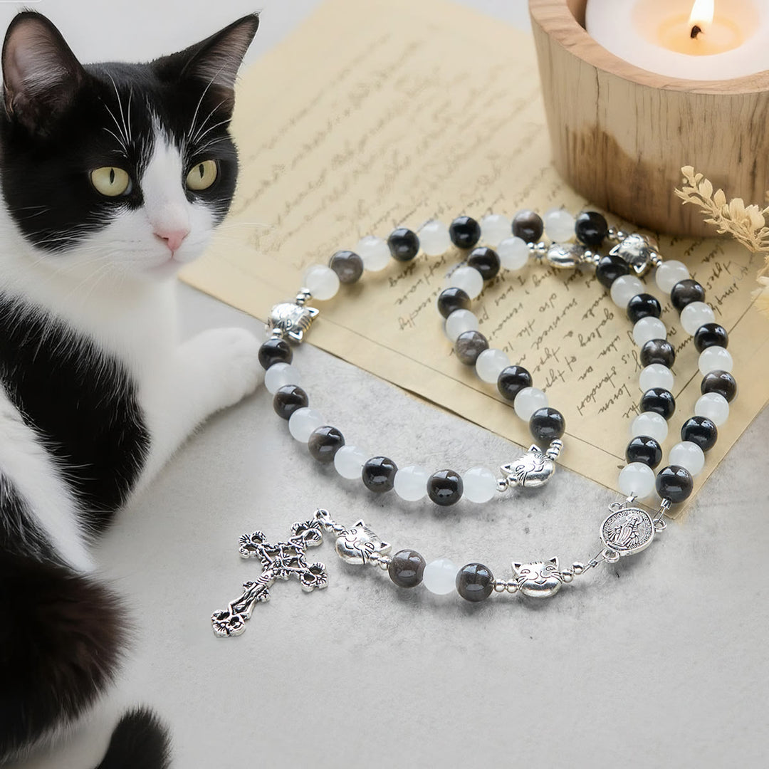 Christianartworkshop Our Lady's Blessing with Black & White Cow Cat Beads Bracelet, Animal Rosary - Cow Cat Rosary - image 0