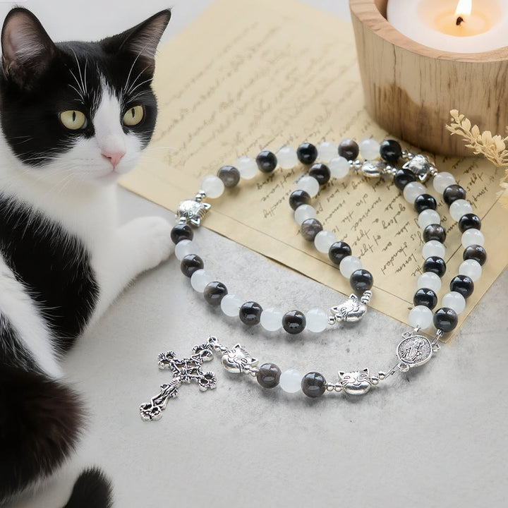 Christianartworkshop Our Lady's Blessing with Black & White Cow Cat Beads Bracelet, Animal Rosary - Cow Cat Rosary - image 0