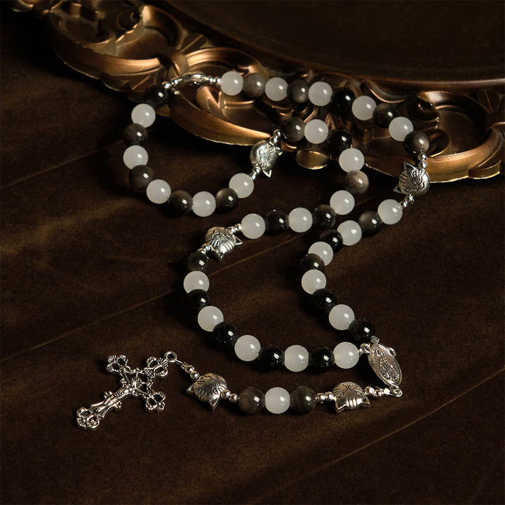 Christianartworkshop Our Lady's Blessing with Black & White Cow Cat Beads Bracelet, Animal Rosary - image 2