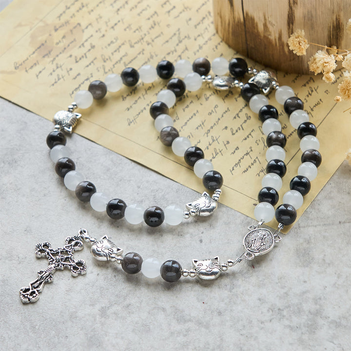 Christianartworkshop Our Lady's Blessing with Black & White Cow Cat Beads Bracelet, Animal Rosary - image 3