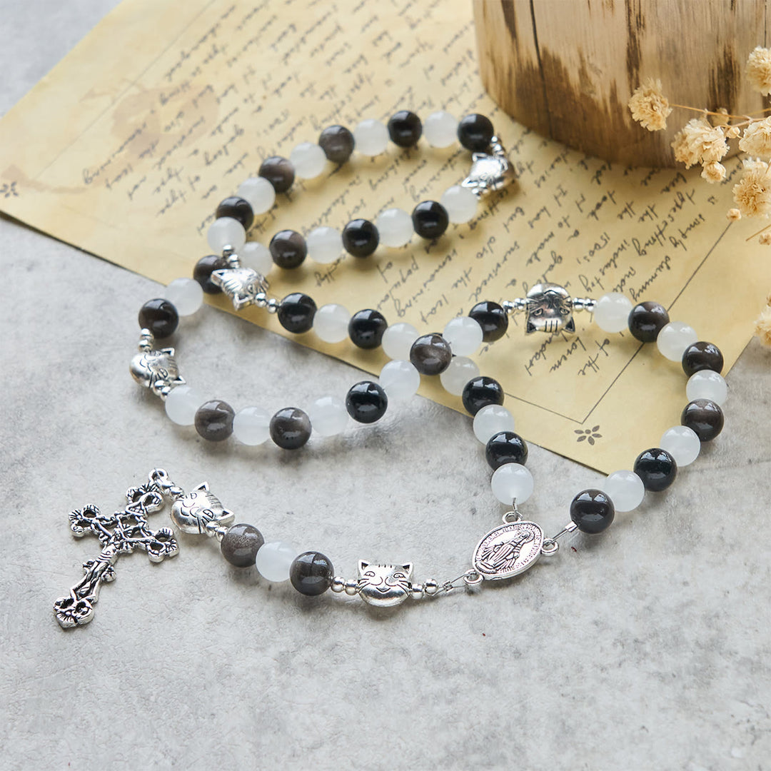 Christianartworkshop Our Lady's Blessing with Black & White Cow Cat Beads Bracelet, Animal Rosary - image 4