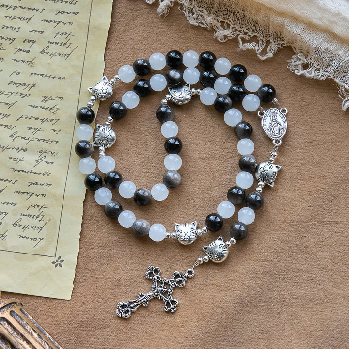 Christianartworkshop Our Lady's Blessing with Black & White Cow Cat Beads Bracelet, Animal Rosary - image 6