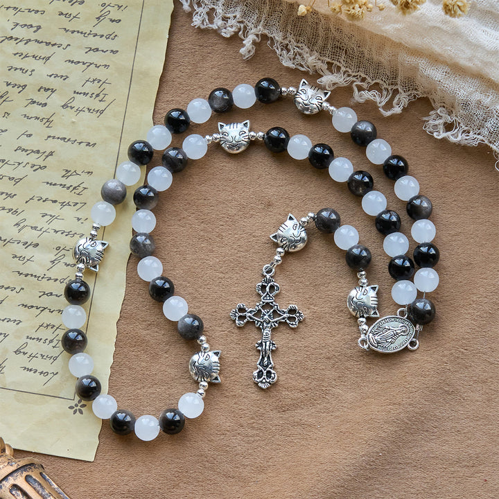 Christianartworkshop Our Lady's Blessing with Black & White Cow Cat Beads Bracelet, Animal Rosary - image 5