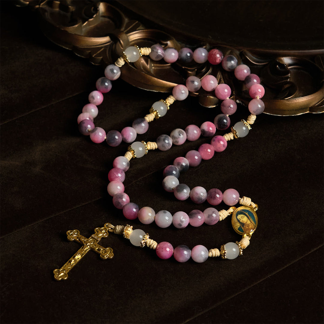 Christianartworkshop Elegant Persian Pink and Black Jade Beads Rosary with Our Lady's Blessing - image 2