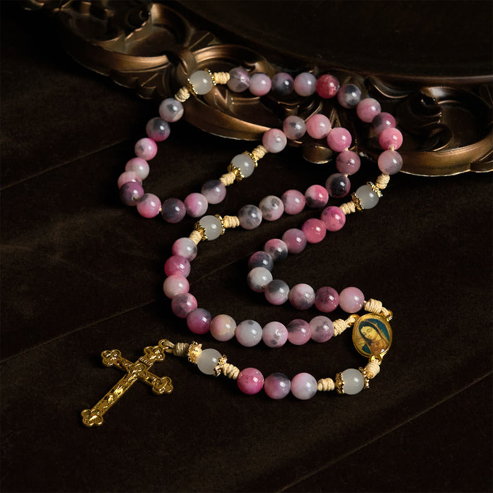 Christianartworkshop Elegant Persian Pink and Black Jade Beads Rosary with Our Lady's Blessing - image 2