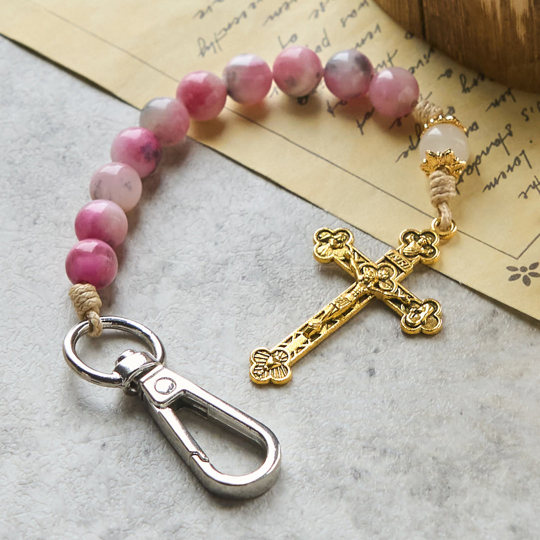 Christianartworkshop Persian Pink Jade Beads Portable Rosary Keychain with Bronze Crucifix - image 1