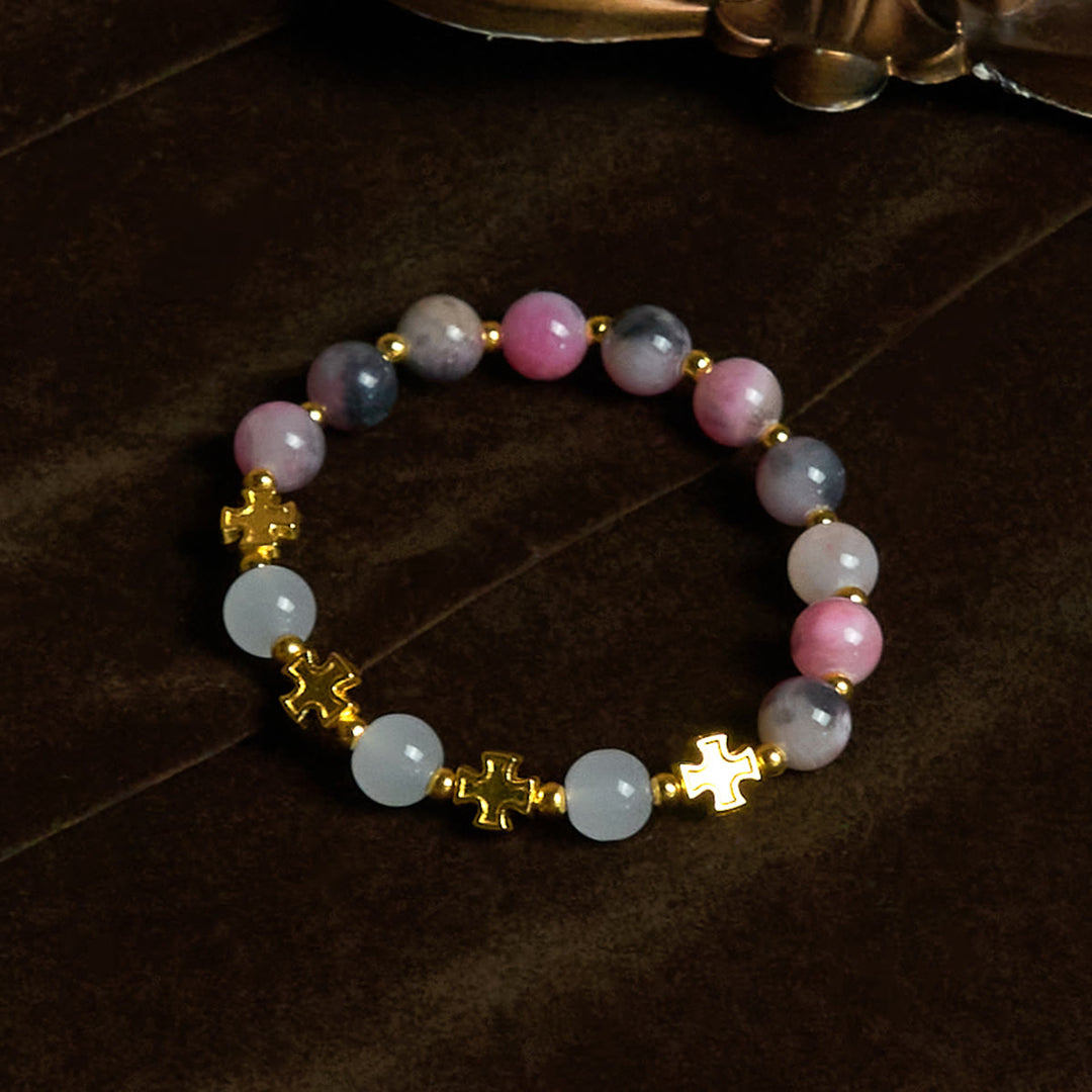 Christianartworkshop Graceful 8mm Persian Pink & Black Jade Beads Bracelet with Ancient Cross - image 3