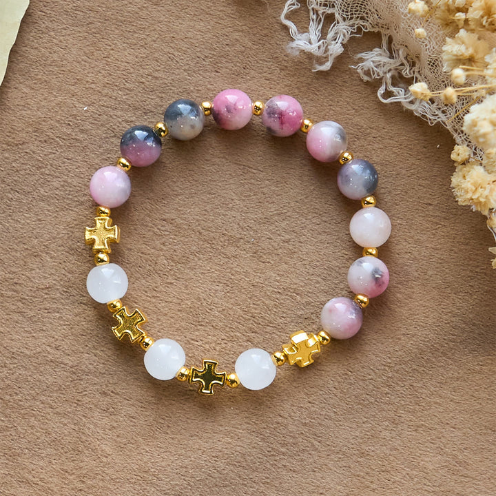 Christianartworkshop Graceful 8mm Persian Pink & Black Jade Beads Bracelet with Ancient Cross - Pink Bracelet - image 0