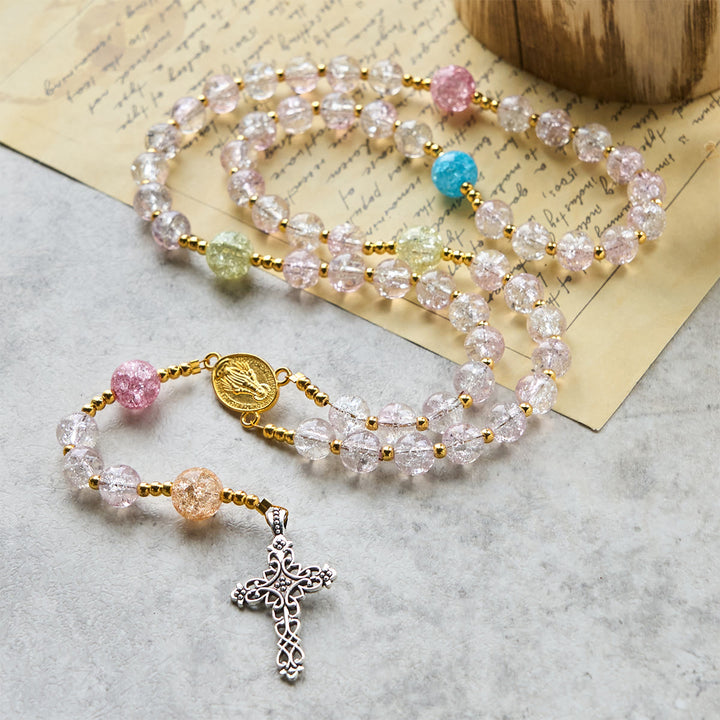 Christianartworkshop Rainbow Light 8mm Crackle Glass Beads Rosary with Our Lady & Cross - image 4