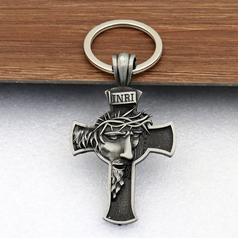 Christianartworkshop Vintage Golden Jesus Crown of Thorns Cross Keychain: A Timeless Token of Devotion - Tin - image 0
