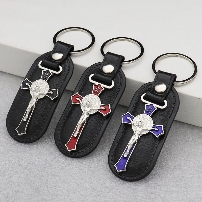 Christianartworkshop Stylish Colored Crucifix Keychain On Leather: Spiritual Keepsake For Faithful Souls - Blue - image 0