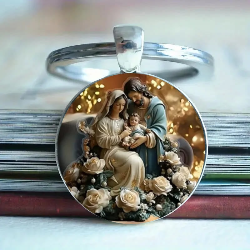 Christianartworkshop Classic Round Glass Keychain Of Divine Ascension: Timeless Symbol Of Faith's Uplifting Power - Holy Family - image 1