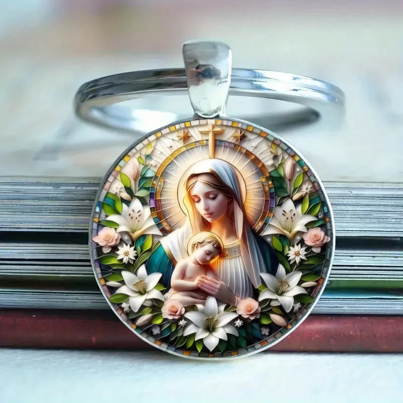 Christianartworkshop Classic Round Glass Keychain Of Divine Ascension: Timeless Symbol Of Faith's Uplifting Power - Mary and Jesus - image 6