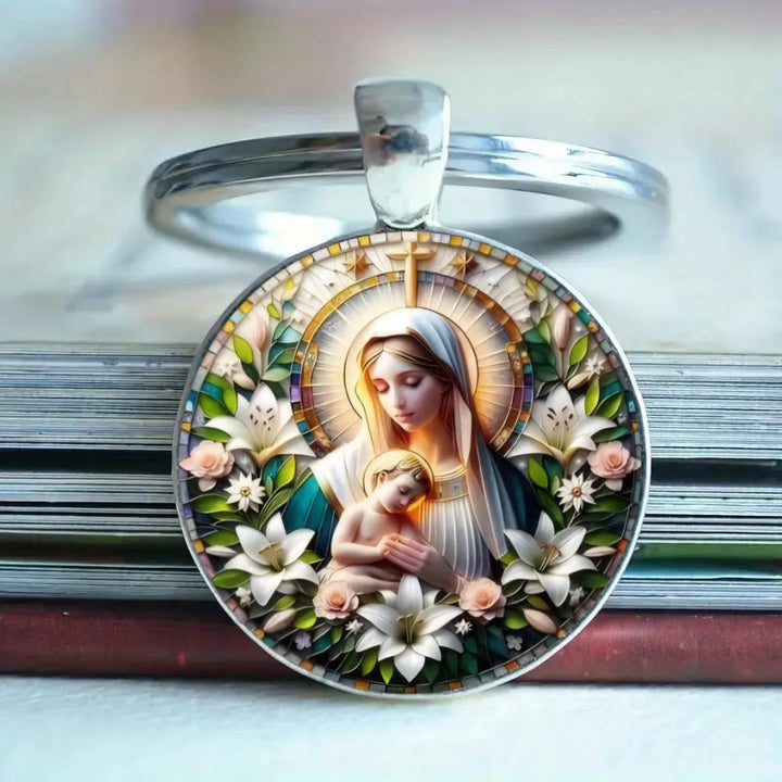 Christianartworkshop Classic Round Glass Keychain Of Divine Ascension: Timeless Symbol Of Faith's Uplifting Power - Mary and Jesus - image 6