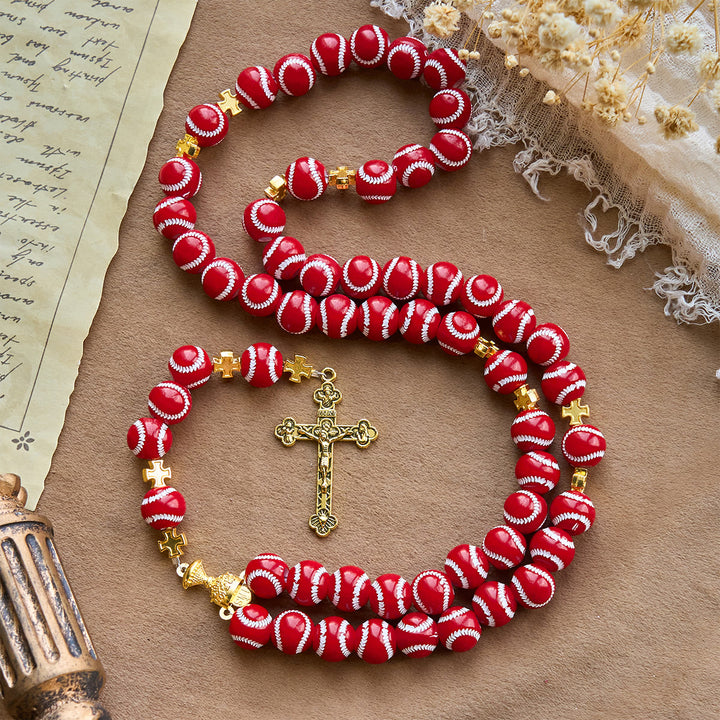 Christianartworkshop Blessed Miniature Baseball Beads Rosary with Golden Holy Chalice & Crucifix: Merge Faith and Sport - Red - image 13
