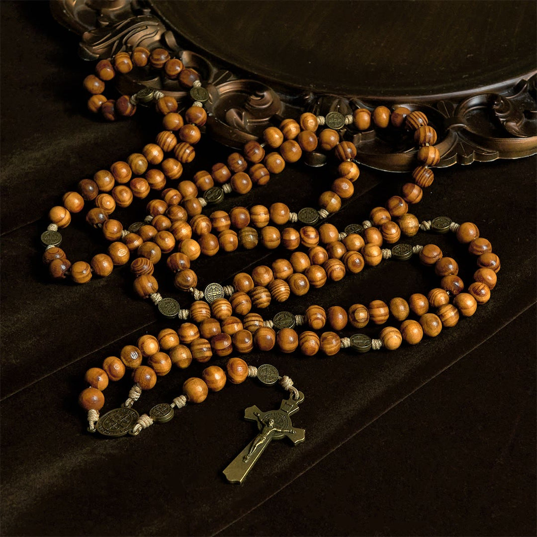 Christianartworkshop 15/20 Decade Olive Wood Rosary with St. Benedict, Crucifix & Waist Chain Design—Divine Devotion in Dual Use - 20 Decade - Caramel - image 17