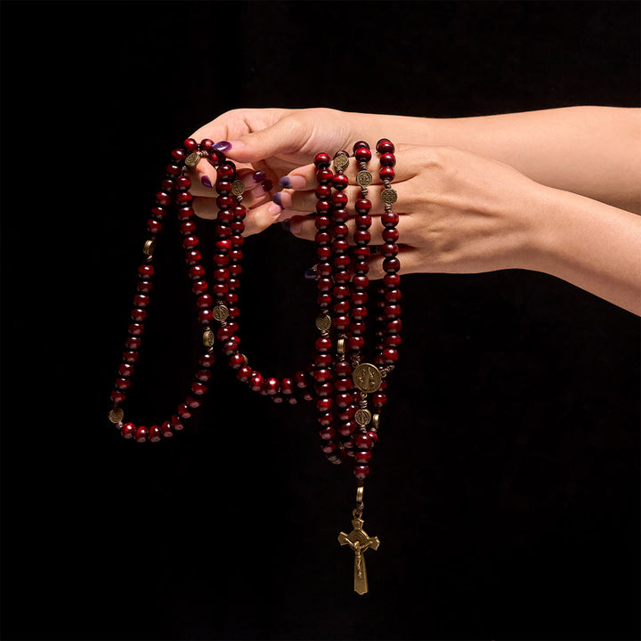Christianartworkshop 15/20 Decade Olive Wood Rosary with St. Benedict, Crucifix & Waist Chain Design—Divine Devotion in Dual Use - 20 Decade - Wine - image 19
