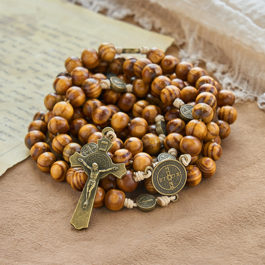 Christianartworkshop 15/20 Decade Olive Wood Rosary with St. Benedict, Crucifix & Waist Chain Design—Divine Devotion in Dual Use - image 1