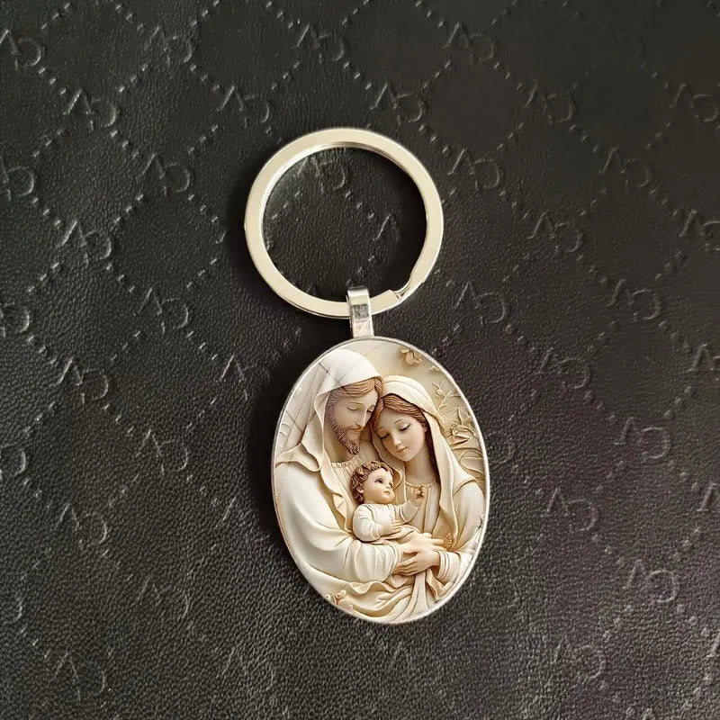 Christianartworkshop Classic Oval Holy Family Keychain in Soft Tones: Eternal Emblem of Faith - Filled Family Bonds - Alloy - image 0