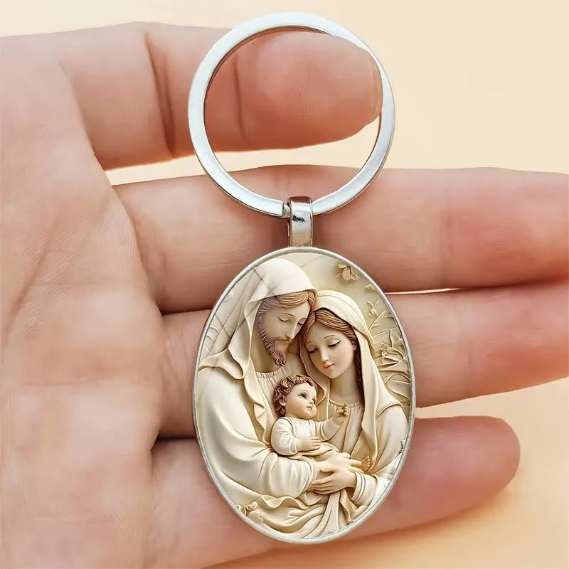 Christianartworkshop Classic Oval Holy Family Keychain in Soft Tones: Eternal Emblem of Faith - Filled Family Bonds - image 1
