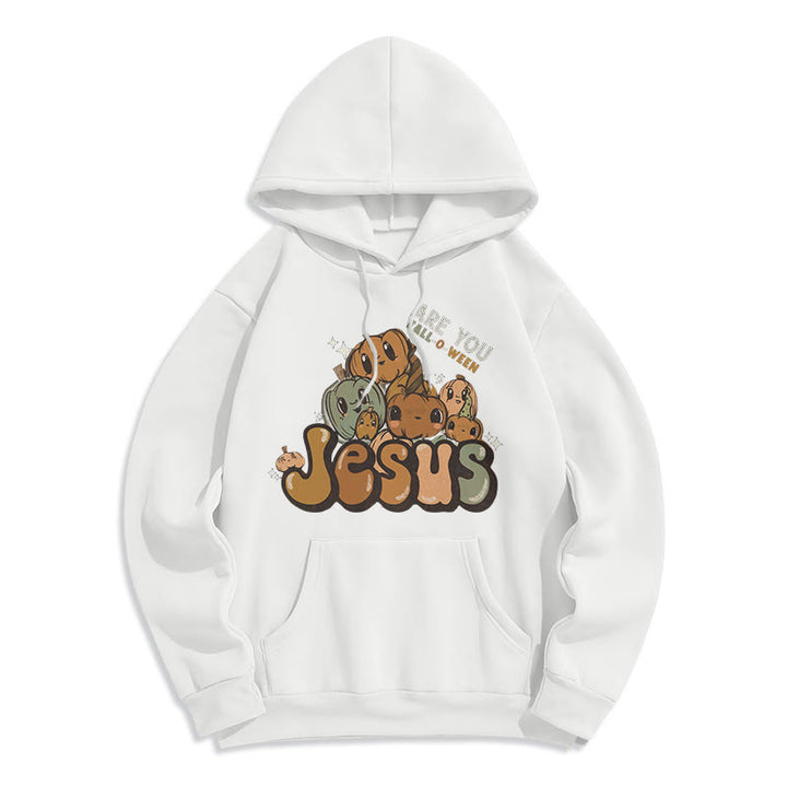 Christianartworkshop Whimsical Pumpkin Design with "Jesus" Print Halloween Fleece Lined Polyester Hoodie - White - 2XL - image 7