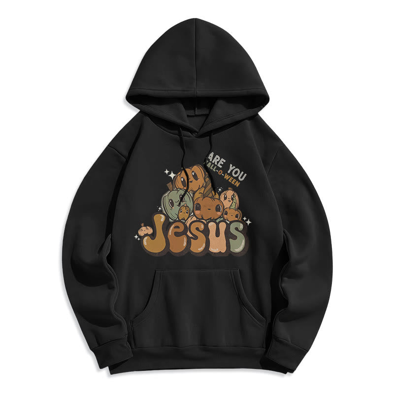 Christianartworkshop Whimsical Pumpkin Design with "Jesus" Print Halloween Fleece Lined Polyester Hoodie - Black - 2XL - image 6
