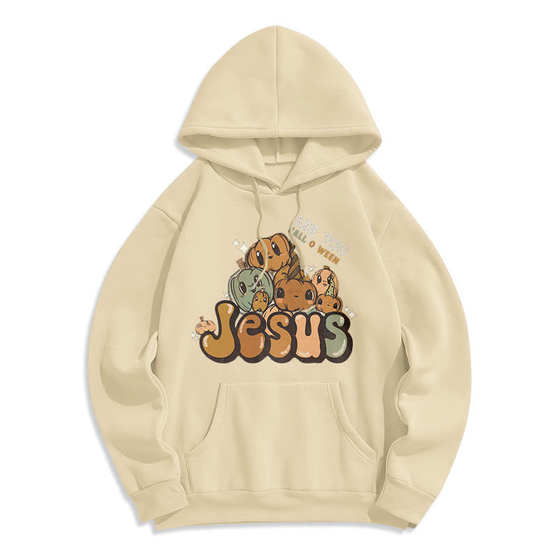 Christianartworkshop Whimsical Pumpkin Design with "Jesus" Print Halloween Fleece Lined Polyester Hoodie - Beige - 2XL - image 3
