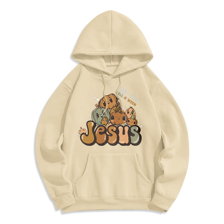 Christianartworkshop Whimsical Pumpkin Design with "Jesus" Print Halloween Fleece Lined Polyester Hoodie - Beige - 2XL - image 3