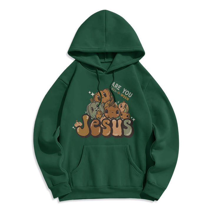 Christianartworkshop Whimsical Pumpkin Design with "Jesus" Print Halloween Fleece Lined Polyester Hoodie - Green - 2XL - image 4
